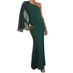 LULUS One-Shoulder Maxi Gown Polyester Chiffon Cape Sleeve Green Size S NWT